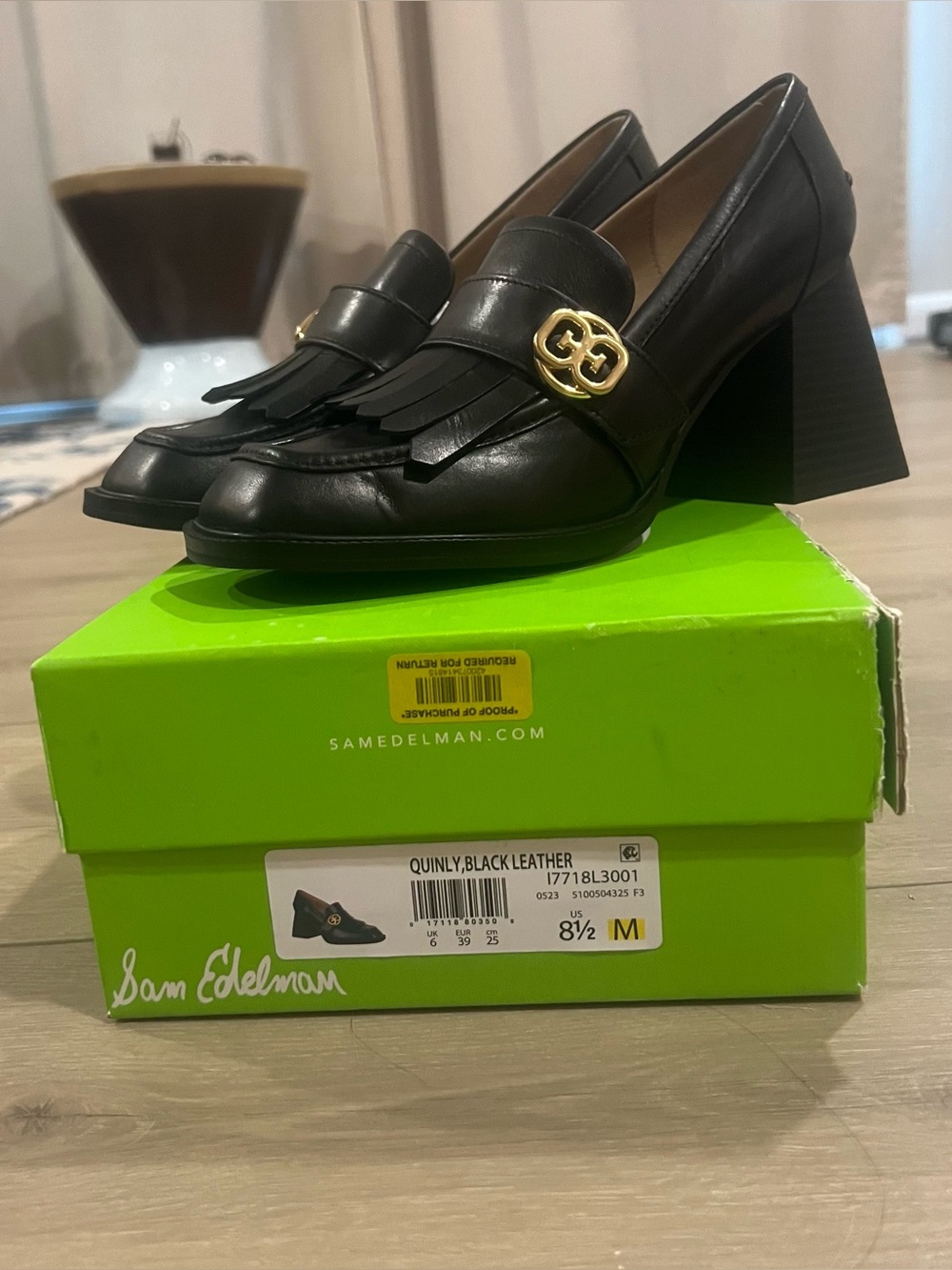 Sam Edelman Black Leather Fringe Loafer Block Heels with Gold Accent